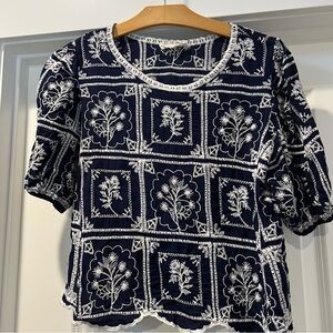 Navy and White Floral Embroidered Women's Crop Top Size Large